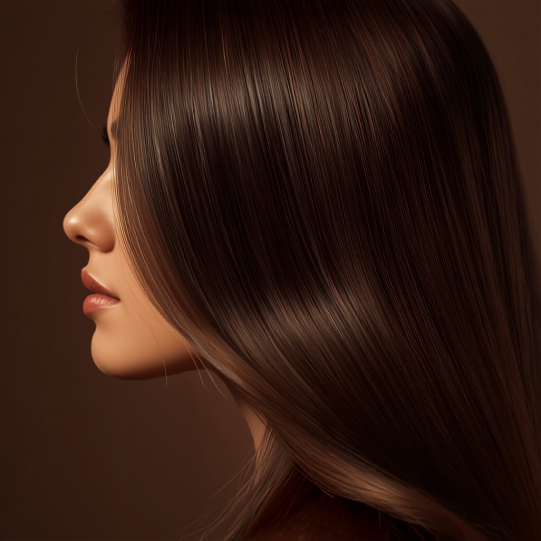 Cabello castaño liso y brillante, vista de perfil