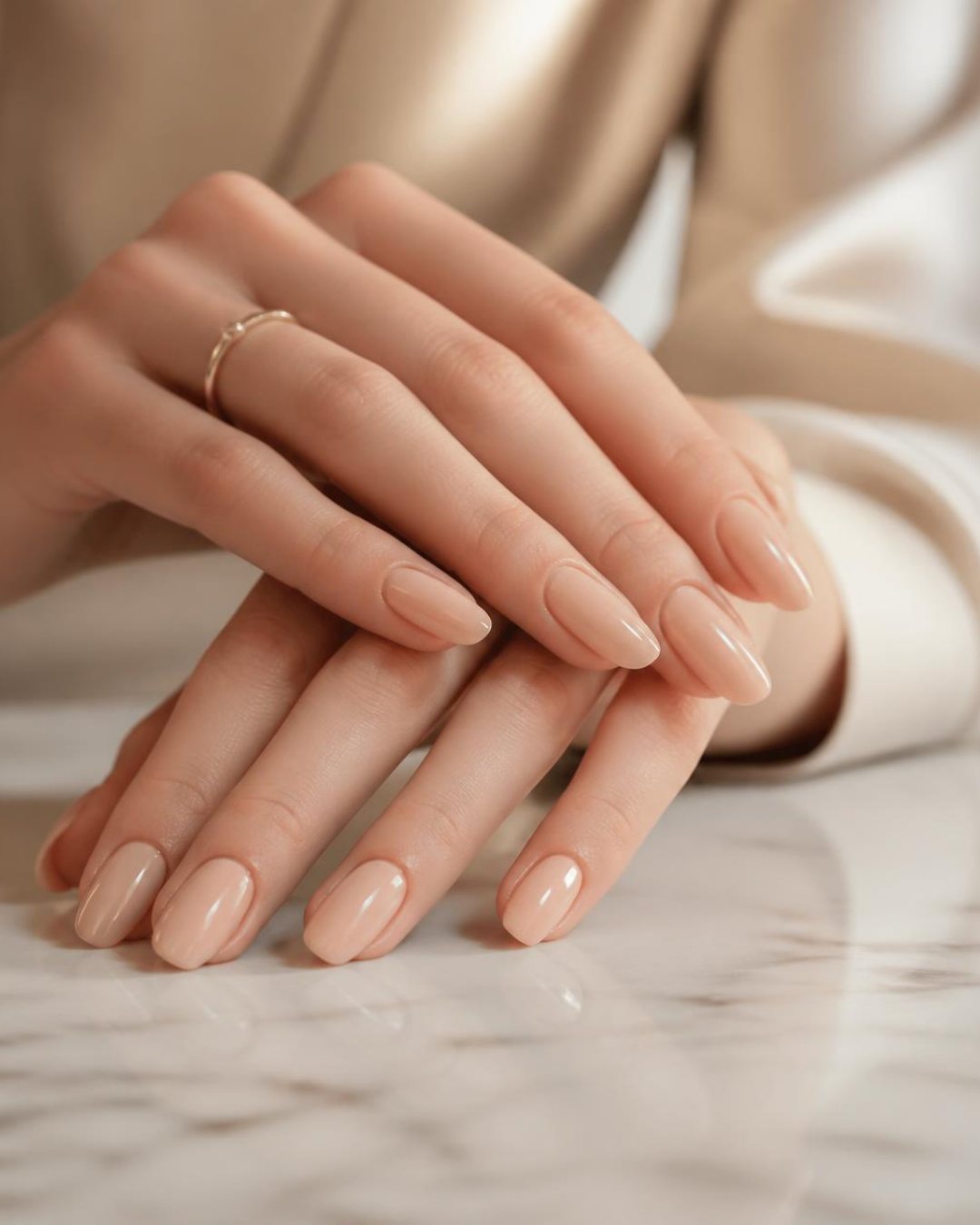 Manos con manicura en tono nude sobre superficie de mármol